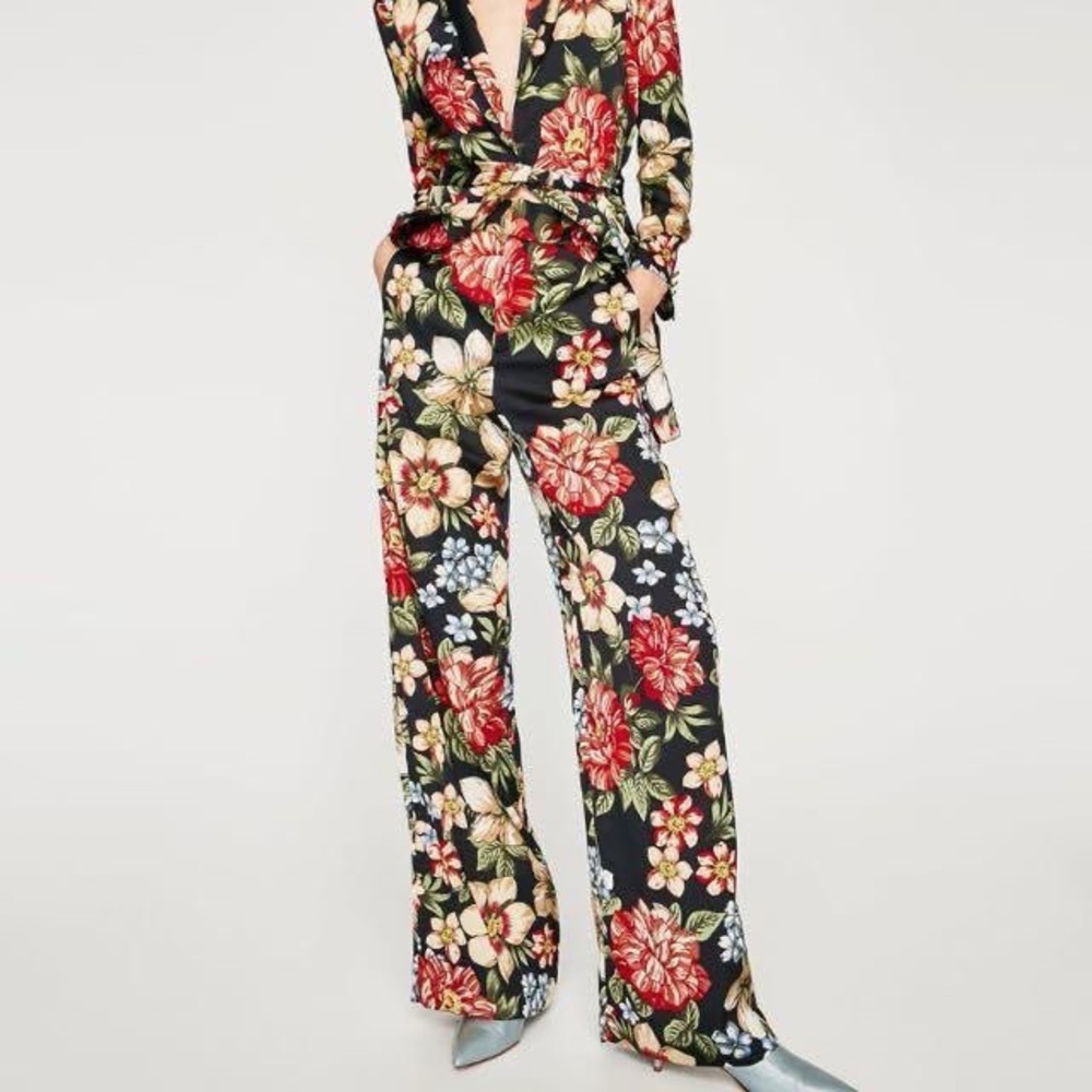Zara Black Floral Wide-Leg Jumpsuit Pants